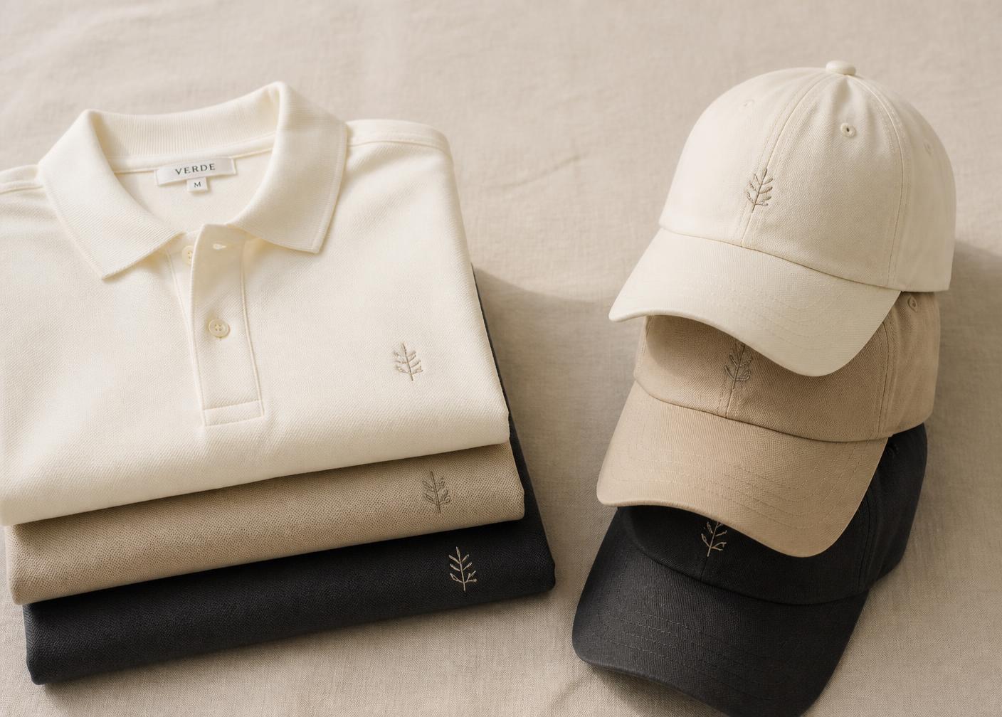 Gestapelte Poloshirts und Caps mit feiner Stickerei