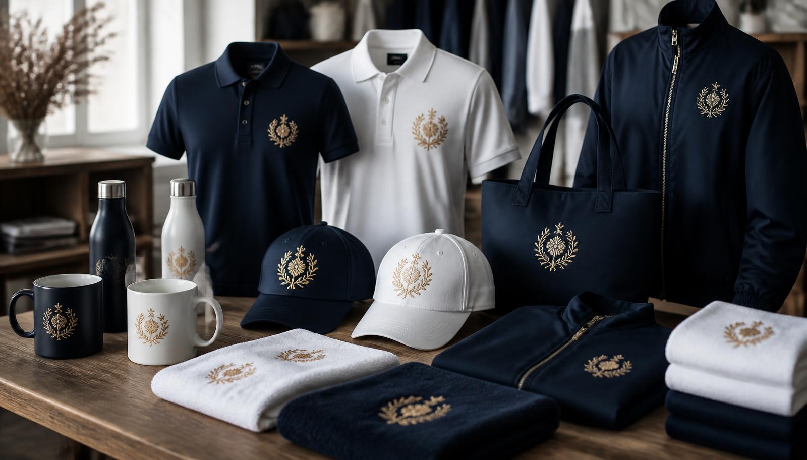 Ausgewählte bestickte Produkte: Poloshirts, Caps, Jacke, Tasche, Tassen, Flaschen und Handtücher