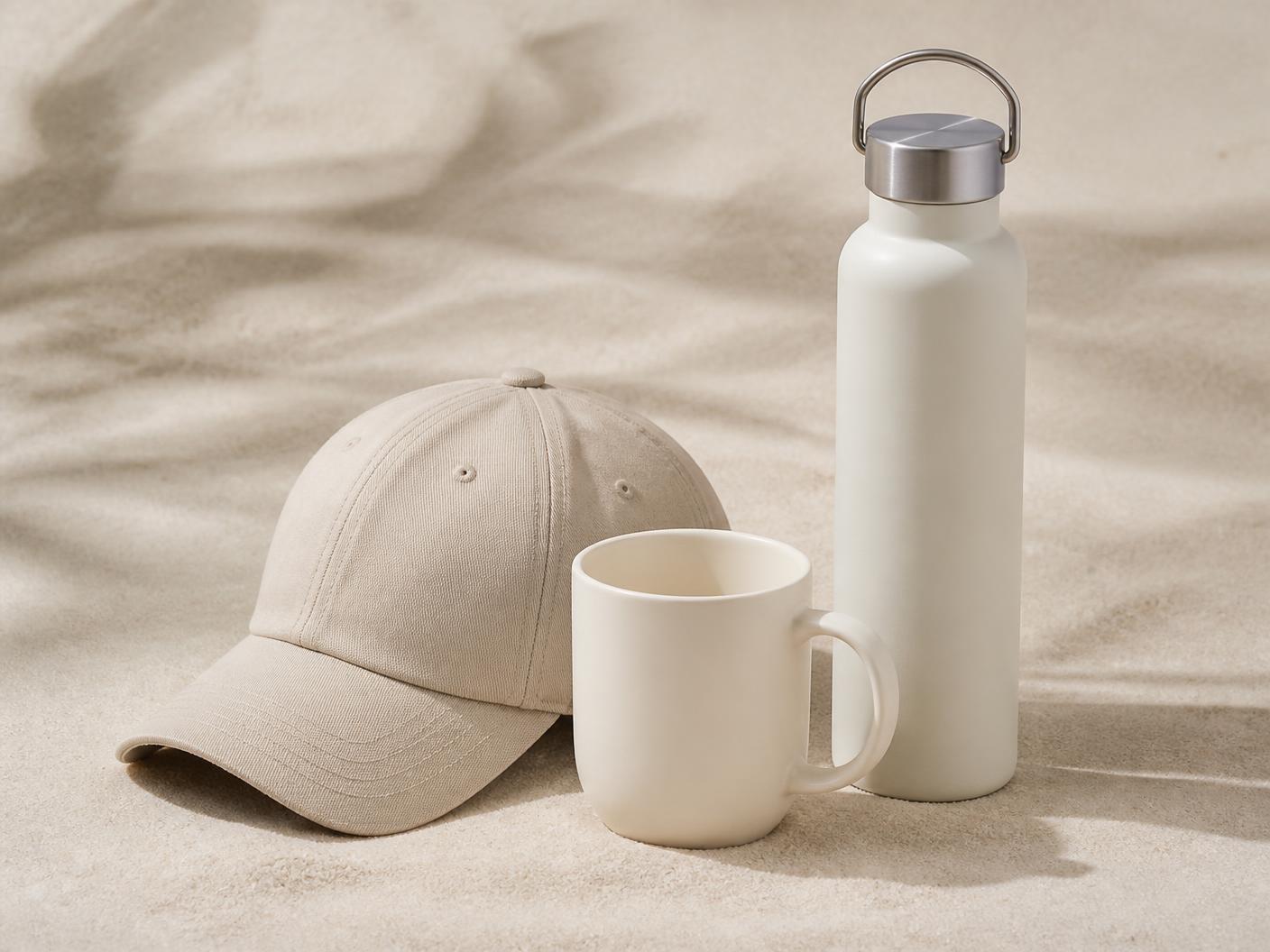 Neutrale Fanartikel: Cap, Tasse und Trinkflasche