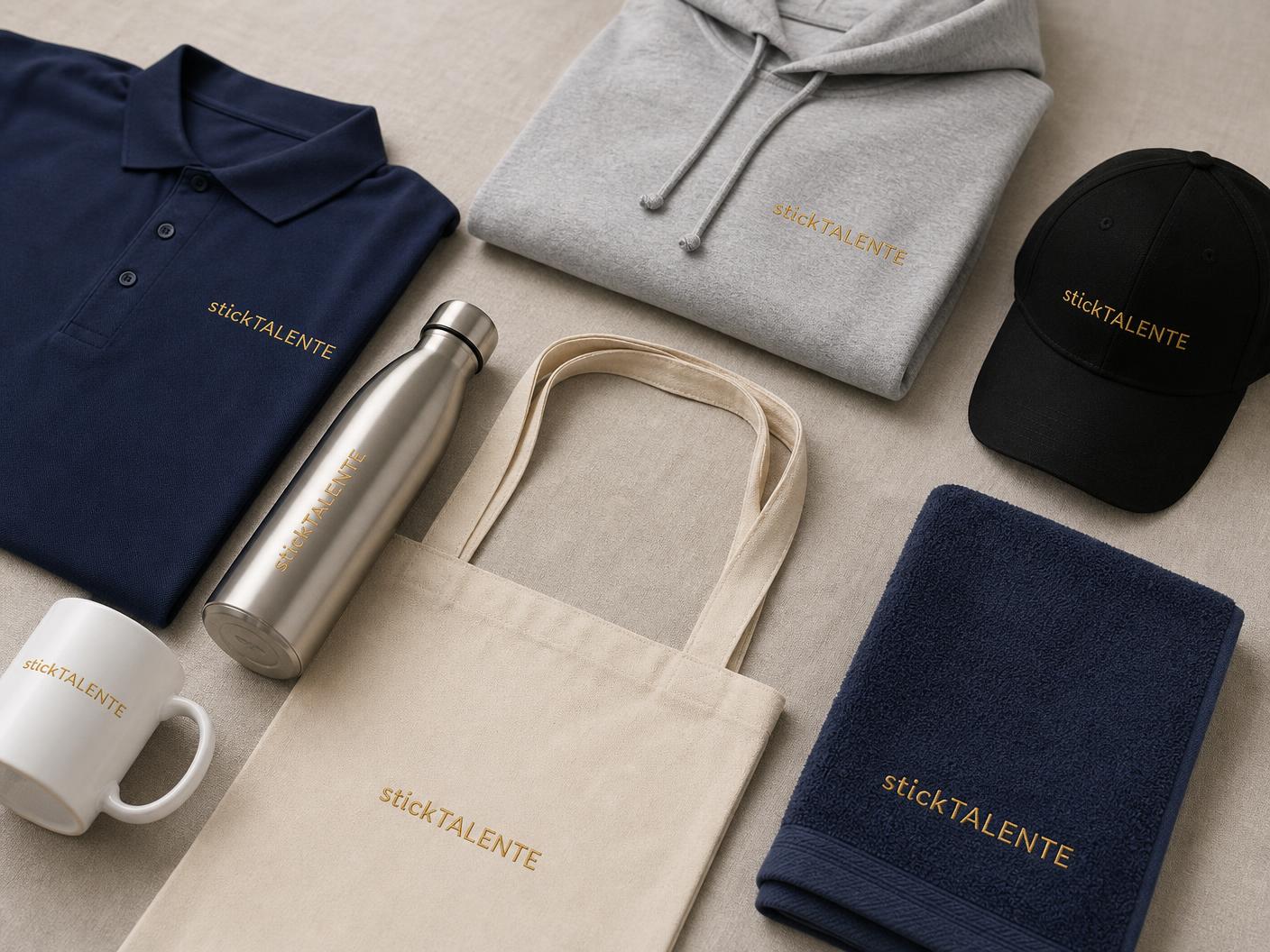 Bestickte Produkte: Poloshirt, Hoodie, Cap, Tasche, Tasse, Flasche und Handtuch